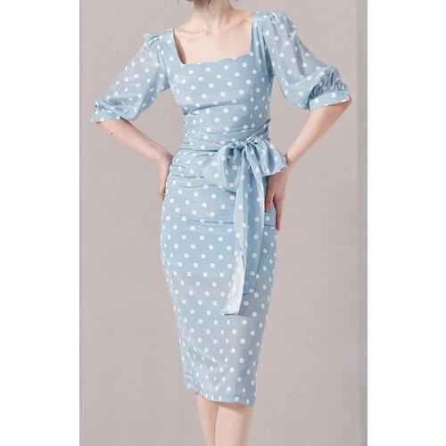 French Elegant Midi Bag Hip Dress Sky Blue Polka Dot Square Neck Puff Sleeve Bow Lace-Up Slim Summer Womens Office Dress