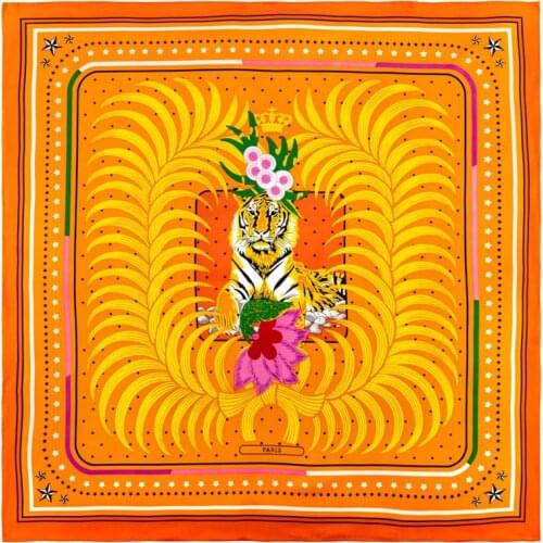 POBING Manual Hand Rolled Twill Silk Scarf Women Forest Tiger Square Scarves Echarpes Foulards Femme Wrap Bandana Hijab 90CM