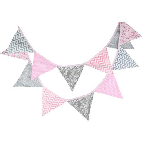 Party Flags Kid Birthday Bunting Banner Holiday Celebration Pennant Nordic Geometric Pink Gray Wave Flora Print Fabric 2PCS