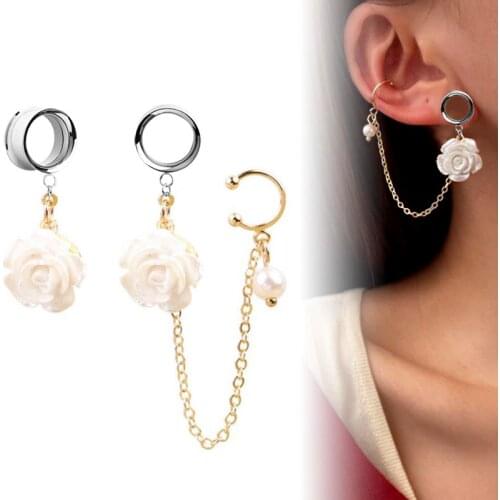 2Pcs Earring Clip Plugs and Tunnels Gauges Stretch Rose Cuff Chain Cool Tunnel Plug Reamer expansores oreja Trendy Piercing Punk