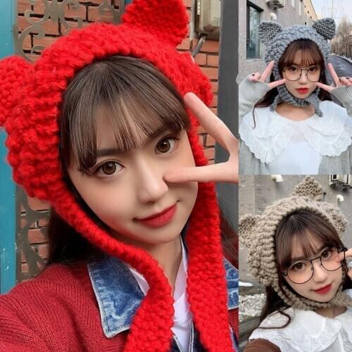 Women Cute Cat Ears Knitted Skullies Beanie Hat Bright Solid Color Chunky Crochet Warm Harajuku Windproof Earflap Cap