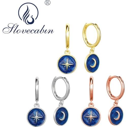 Slovecabin Moon & Star Dangle Earrings Real 925 Sterling Silver Circle Blue Enamel Drop Earrings Piercing Women Fine Jewlery