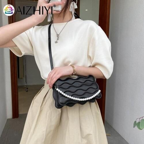 Vintage Women Wave Embossing PU Leather Solid Color Shoulder Crossbody Messenger Bag Casual Ladies Pearl Chain Small Handbags