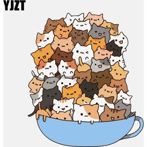 YJZT 13.1CM*15.3CM Cute Cup Full Of Cats PVC Decoration Car Sticker 11-00953