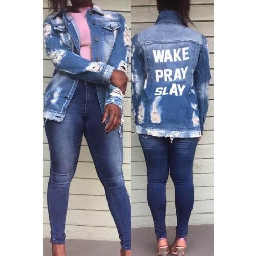 Sexy Ripped Hole Frayed Edge Flakes Denim Jacket Women spring Casual Single Breasted Denim Jacket Autumn Loose Long Sleeve Coat