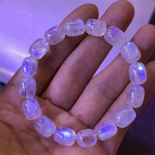 Genuine Natural Strong Blue Light Moonstone Quartz Crystal Barrel Shape Stretch Woman Lady Bracelet 7mm