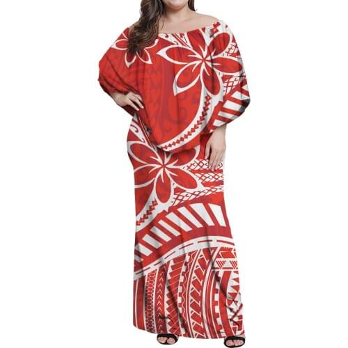 Hycool Red Polynesia Casual Dress Women Off Shoulder Ruffles Bodycon Long Dress Elegant Party Lady Off Shoulder Dress With Shawl