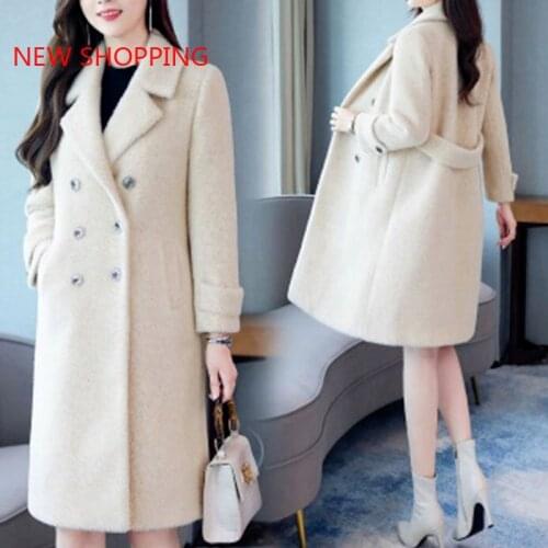 Woolen Coat Women Mid Long Slim Overcoat 2021 Autumn Winter New Imitate Mink Velvet Faux Wool Jacket Female Thick Warm Outwear