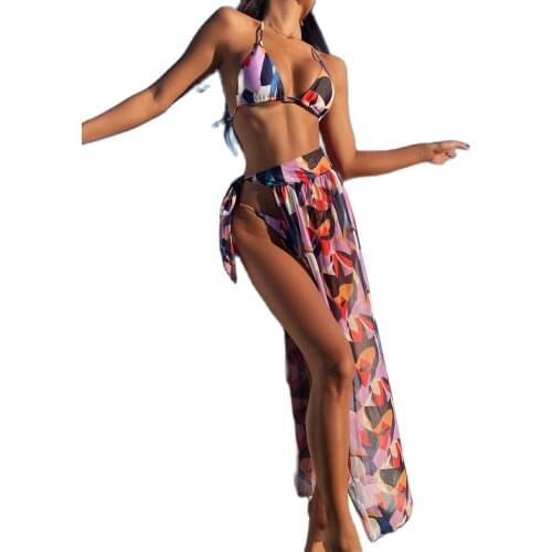 2021 New 3pcs Bikinis Set Flroal Printed Women Swimwear Bikini Cover Up Beach Dress Biquinis Feminino Bathing Suit Female