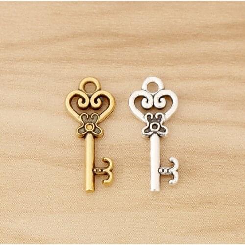 50 Pieces Tibetan Silver/Gold Small Key Charms Beads for DIY Necklace Jewellery Making Accessories 21x9mm
