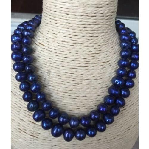 Baroque9-10mm tahitian black blue pearl necklace 38"925silver