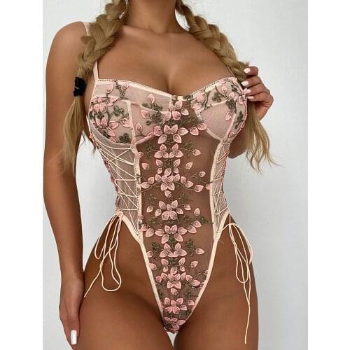 2020 Women Fashion Elegant Lace Floral Embroidery Lace-up Sheer Mesh Teddy Summer Sexy Sleeveless Low Cut Bodysuits Female