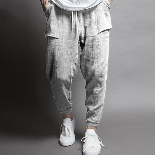 High Quality Mens Hip Hop Cotton Linen Pants Drawstring Waist Pocket Loose Pencil Pants Casual Harem Sweatpants Trousers
