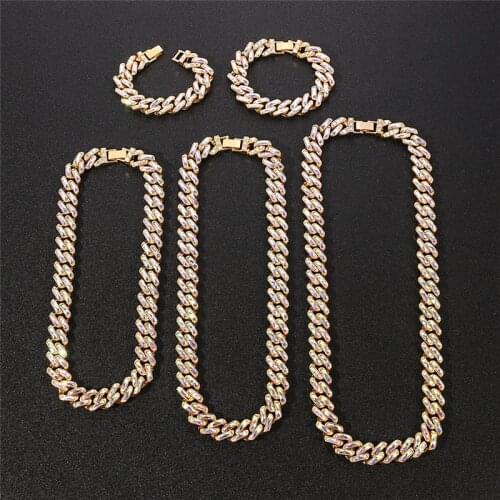 4 Colors Gold Hip Hop Iced Out Crystal Cuban Link Chain Necklaces & Bracelet Rapper Bijoux Luxury Curb Chains Collier Jewelry