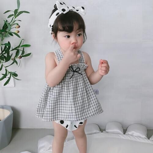 Baby Bowknot summer clothes gray plaid sling suit female baby big polka dot three-piece new baby clothes