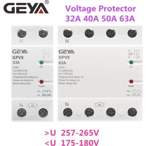GEYA GPV8-63 Din Rail Automatic Over Under Voltage Protector 220V AC Single Phase & Three Phase Self Resetting Protector 80A