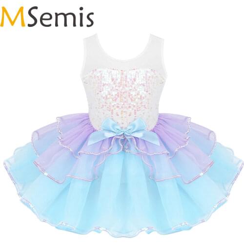 Girls Gymnastics Leotard Ballet Tutu Dress Kids costume Shiny Sequins Rave Outfit Mesh Splice Bowknot on Waist Ballet Dancewear