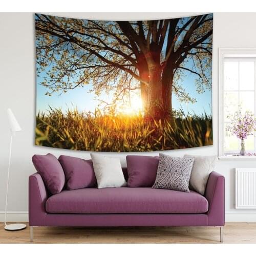 Tapestry Spring in Tree with a Meadow Grass horse Sunset Nature Landscape in Yellow Green Blue Brown Photo Printed