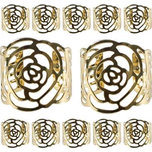 Napkin Rings,12 Pcs Hollow Out Rose Design Metal Napkin Holder for Wedding Party Dinner Table Decor (Gold)