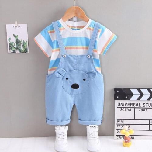 Summer Toddler Infant Clothing Baby Girls Boys Clothes Sets Strips Shirt Denim Bib Pants 2pcs/Sets Kids Children Costume Suits