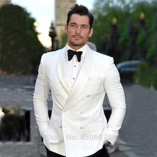 Ivory Mens Wedding Suits Slim Fit Wedding Tuxedos Double Breasted Groom Wear Bridegroom Suits 2Pcs Jacket Pants Costume Homme