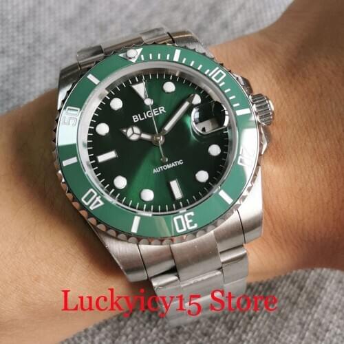 BLIGER Green Self Winding Men Watch Sapphire Crystal 21 Jewels MIYOTA 8215 Oyster Strap Sunburst Dial