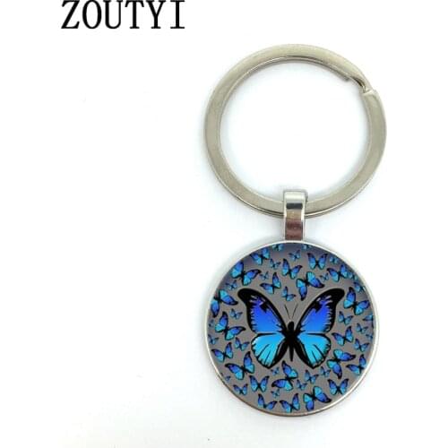 New / hot, glamour blue butterfly pattern, mens and womens key chain quality car pendant, convex glass key ring