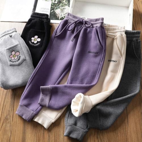 Girls Autumn/Winter Velvet Thickened Sports Pants Childrens Cotton Embroidery All-Matching Compatible Warm Trousers 100-150cm