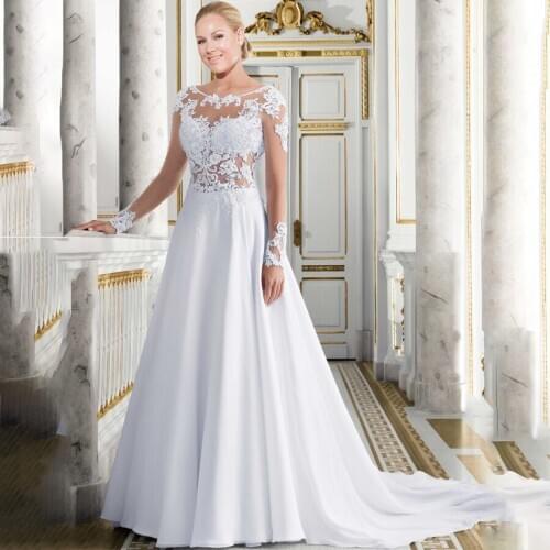 See Through Lace Applique with Crystals A-line Long Sleeves Wedding Dress Chiffon White Bridal Dress vestito da sposa