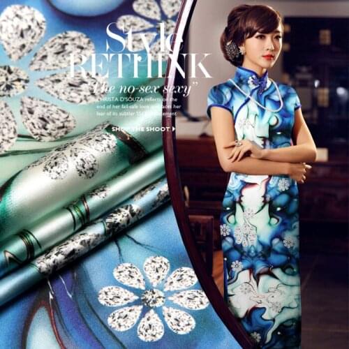 PRINTED SILK STRETCH SATIN 118cm width 19momme Pure Silk Fabric China Traditional Qipao Dresses Fabrics Diamond Pattern