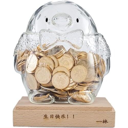 Glass Penguin Piggy Bank Money Box for Kids Transparent Glass Saving Cash Coin Storage Saving Pot Adorable Gift