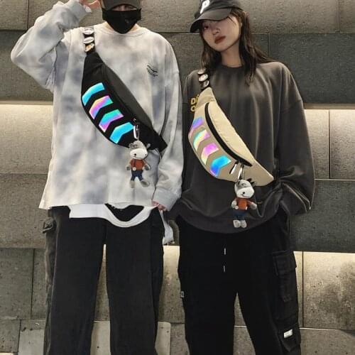 Reflective Unisex Waist Pack Streetwear Chest Pouch ylon Belt Bag Cartoon Pendant Men Shoulder Crossbody Bag Hip Fanny Pack