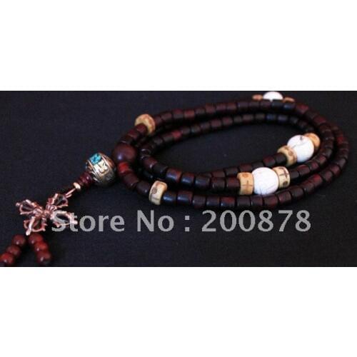 BRO984 Tibetan Meditation Prayer Mala Big Leaf Red Sandalwood Bracelets with Conch Shell Cross Dorje Amulets Free Ship