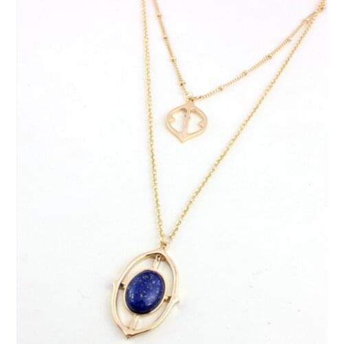 Trendy Light Yellow Gold Color Alloy Oval Shape Lapis Lazuli Pendant Link Chain Necklace Fashion Jewelry