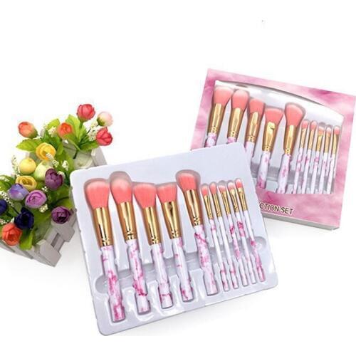 High quality new style plastic marble color handle 10pcs cosmetic make up kits soft synthetic hair makeup brush set