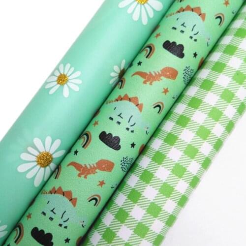 Green Dinosaur Tartan Printed Synthetic Daisy Printed JELLY Sheets Leather For Bows Earrings DIY 21x29CM KM802