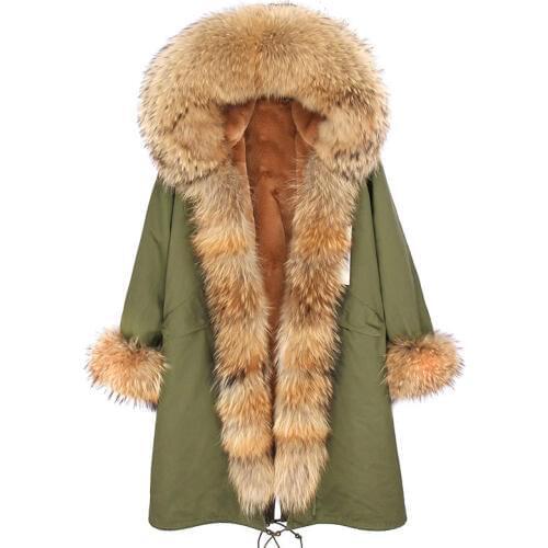 2020 Real Fur Parka Winter Jacket Women Long parka Big Natural Raccoon Fur Collar Hood faux fur liner X-long green coat warm