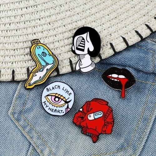 Girl Enamel Pin Eyeliner Black Lips Pill Jackets Women Face Twisted Clock Brooches Denim Shirts Lapel Pins Punk Life Jewelry