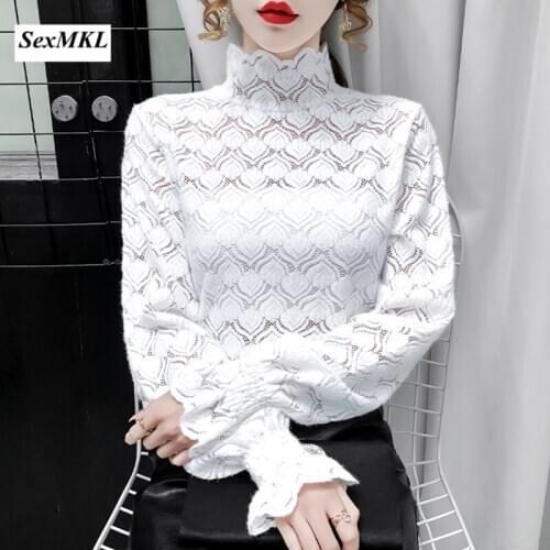 Women Hollow Out Lace Blouses Sexy 2021 Spring Fashion Long Sleeve White Ladies Tops Korean Clothes Transparent Camisas Mujer XL