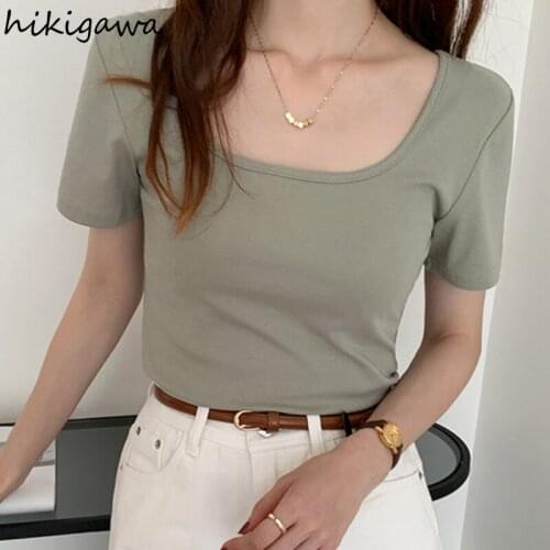 Hikigawa Women Sexy Tops Thin Casual Slim Tshirts Short Sleeve 2021 Summer Solid T Shirts for Female Korean Fashion T-shirts