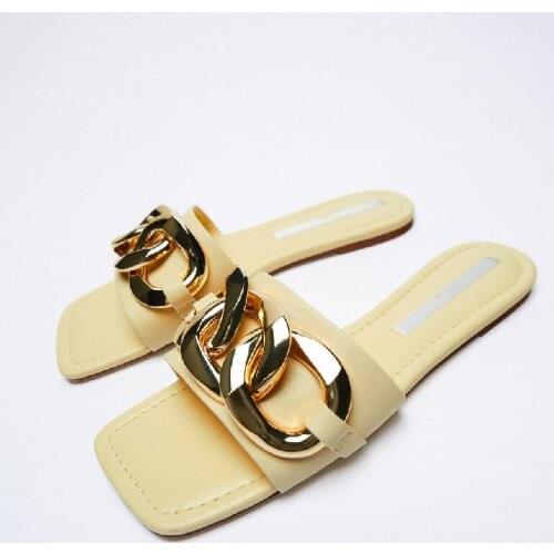 ZAR Slippers Women Summer Luxury 2021 New Yellow Square Toe Metal Chain Casual Flat Sandals Brand Woman Beach Shoes Plus Size 41