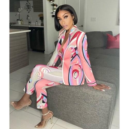2021 Autumn Geometric Print Long Sleeve Blazers and Pants Casual Slim Streetwear Women Sexy Two Pieces Set Fashion Outfit 60171