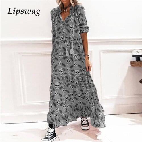2021 Spring Fashion Skull Printed Loose Dress Elegant Women V-Neck Long Dresses Ladies Casual Long Sleeve Party Dress Vestidos