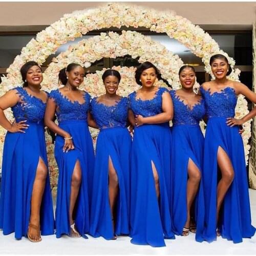 Royal Blue Lace Bridesmaid Dresses 2021 Customize Plus Size A Line Slit Long Wedding Party Prom Gown robe de soirée de mariage