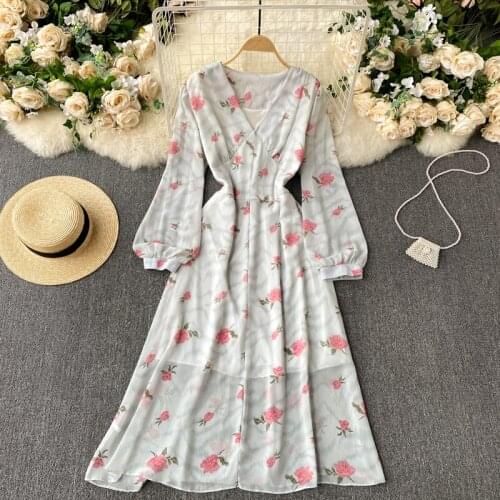 2021 spring women dress long sleeve midi dress floral printing singld v-neck korean fashion clothings