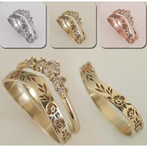 1Set V-shaped Hollow Flower Rings Vintage Rhinestones Zircon Rings Set Women Girl Jewelry Accessories Gift