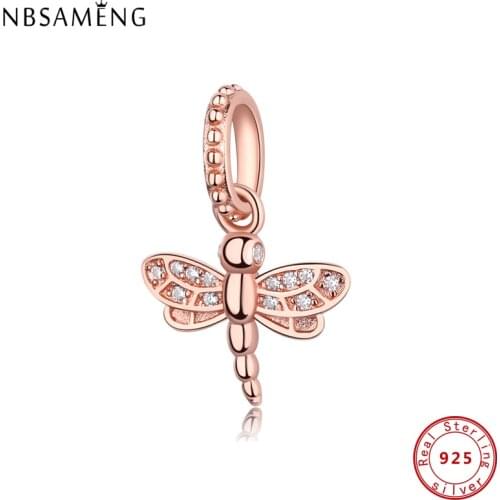 100% 925 Sterling Silver Charm Sparkling Dragonfly Pendant Rose Gold Color Beads Fit Original Bracelets Women DIY Jewelry