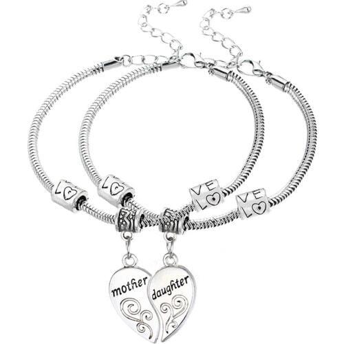 12PC Love Beads Chain Mother & Daughter Splicing Puzzle Heart Charm Pendant Bracelets Bangles Family Women Girl Mom Xmas Gifts