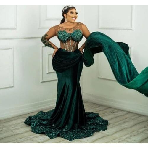 2021 Plus Size Arabic Aso Ebi Mermaid Prom Dresses Vintage Hunter Green Velvet Beaded Long Sleeves Evening Occasion Gowns