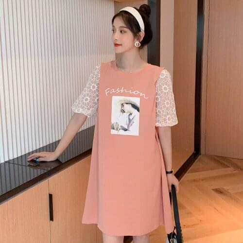 2285# Maternity Clothes Summer T Shirt O Neck Patchwork Cotton Short Sleeves Loose Stylish Dress Pregnant Women Mom Dress